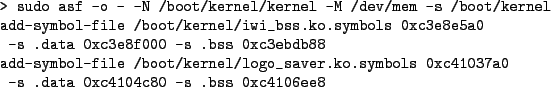 \begin{figure*}\begin{verbatimtab}
> sudo asf -o - -N /boot/kernel/kernel -M /de...
...c41037a0
-s .data 0xc4104c80 -s .bss 0xc4106ee8
\end{verbatimtab}
\end{figure*}