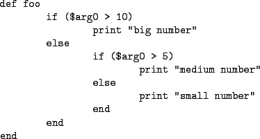 \begin{figure*}\begin{verbatimtab}
def foo
if ($arg0 > 10)
print ''big number'...
...er''
else
print ''small number''
end
end
end
\end{verbatimtab}
\end{figure*}