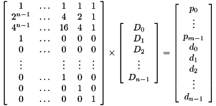 \[ \left[ \begin{array}{ccccc} 1 & \ldots & 1 & 1 & 1 \\ 2^{n-1} & \ldots & 4 & 2 & 1 \\ 4^{n-1} & \ldots & 16 & 4 & 1 \\ 1 & \ldots & 0 & 0 & 0 \\ 0 & \ldots & 0 & 0 & 0 \\ \vdots & & \vdots & \vdots & \vdots \\ 0 & \ldots & 1 & 0 & 0 \\ 0 & \ldots & 0 & 1 & 0 \\ 0 & \ldots & 0 & 0 & 1 \end{array} \right] \times \left[ \begin{array}{c} D_0 \\ D_1 \\ D_2 \\ \vdots \\ D_{n-1} \end{array} \right] = \left[ \begin{array}{c} p_0 \\ \vdots \\ p_{m-1} \\ d_0 \\ d_1 \\ d_2 \\ \vdots \\ d_{n-1} \end{array} \right] \]