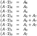 \[ \begin{array}{rrl} (A \cdot 2)_7 & = & A_6 \\ (A \cdot 2)_6 & = & A_5 \\ (A \cdot 2)_5 & = & A_4 \\ (A \cdot 2)_4 & = & A_3 + A_7 \\ (A \cdot 2)_3 & = & A_2 + A_7 \\ (A \cdot 2)_2 & = & A_1 + A_7 \\ (A \cdot 2)_1 & = & A_0 \\ (A \cdot 2)_0 & = & A_7 \\ \end{array} \]