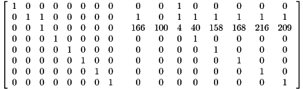 \[ \left[ \begin{array}{ccccccccccccccccc} 1 & 0 & 0 & 0 & 0 & 0 & 0 & 0 & & 0 & 0 & 1 & 0 & 0 & 0 & 0 & 0 \\ 0 & 1 & 1 & 0 & 0 & 0 & 0 & 0 & & 1 & 0 & 1 & 1 & 1 & 1 & 1 & 1 \\ 0 & 0 & 1 & 0 & 0 & 0 & 0 & 0 & & 166 & 100 & 4 & 40 & 158 & 168 & 216 & 209 \\ 0 & 0 & 0 & 1 & 0 & 0 & 0 & 0 & & 0 & 0 & 0 & 1 & 0 & 0 & 0 & 0 \\ 0 & 0 & 0 & 0 & 1 & 0 & 0 & 0 & & 0 & 0 & 0 & 0 & 1 & 0 & 0 & 0 \\ 0 & 0 & 0 & 0 & 0 & 1 & 0 & 0 & & 0 & 0 & 0 & 0 & 0 & 1 & 0 & 0 \\ 0 & 0 & 0 & 0 & 0 & 0 & 1 & 0 & & 0 & 0 & 0 & 0 & 0 & 0 & 1 & 0 \\ 0 & 0 & 0 & 0 & 0 & 0 & 0 & 1 & & 0 & 0 & 0 & 0 & 0 & 0 & 0 & 1 \end{array}\right] \]