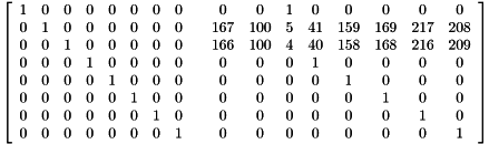 \[ \left[ \begin{array}{ccccccccccccccccc} 1 & 0 & 0 & 0 & 0 & 0 & 0 & 0 & & 0 & 0 & 1 & 0 & 0 & 0 & 0 & 0 \\ 0 & 1 & 0 & 0 & 0 & 0 & 0 & 0 & & 167 & 100 & 5 & 41 & 159 & 169 & 217 & 208 \\ 0 & 0 & 1 & 0 & 0 & 0 & 0 & 0 & & 166 & 100 & 4 & 40 & 158 & 168 & 216 & 209 \\ 0 & 0 & 0 & 1 & 0 & 0 & 0 & 0 & & 0 & 0 & 0 & 1 & 0 & 0 & 0 & 0 \\ 0 & 0 & 0 & 0 & 1 & 0 & 0 & 0 & & 0 & 0 & 0 & 0 & 1 & 0 & 0 & 0 \\ 0 & 0 & 0 & 0 & 0 & 1 & 0 & 0 & & 0 & 0 & 0 & 0 & 0 & 1 & 0 & 0 \\ 0 & 0 & 0 & 0 & 0 & 0 & 1 & 0 & & 0 & 0 & 0 & 0 & 0 & 0 & 1 & 0 \\ 0 & 0 & 0 & 0 & 0 & 0 & 0 & 1 & & 0 & 0 & 0 & 0 & 0 & 0 & 0 & 1 \end{array}\right] \]